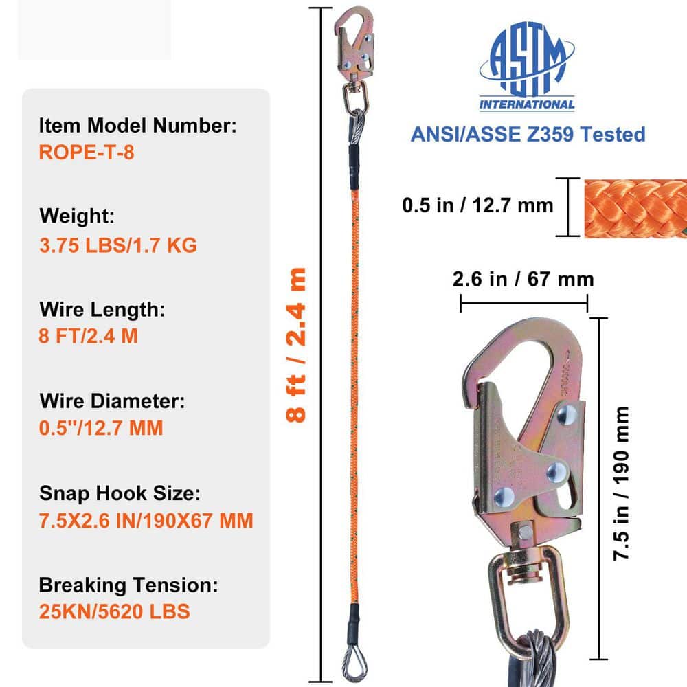 Steel Core flipline, 1/2 in. x 8 ft. Arborist Flipline, Flip Line for Tree Climbing with Alloy Steel Snap Hook - Hercitys