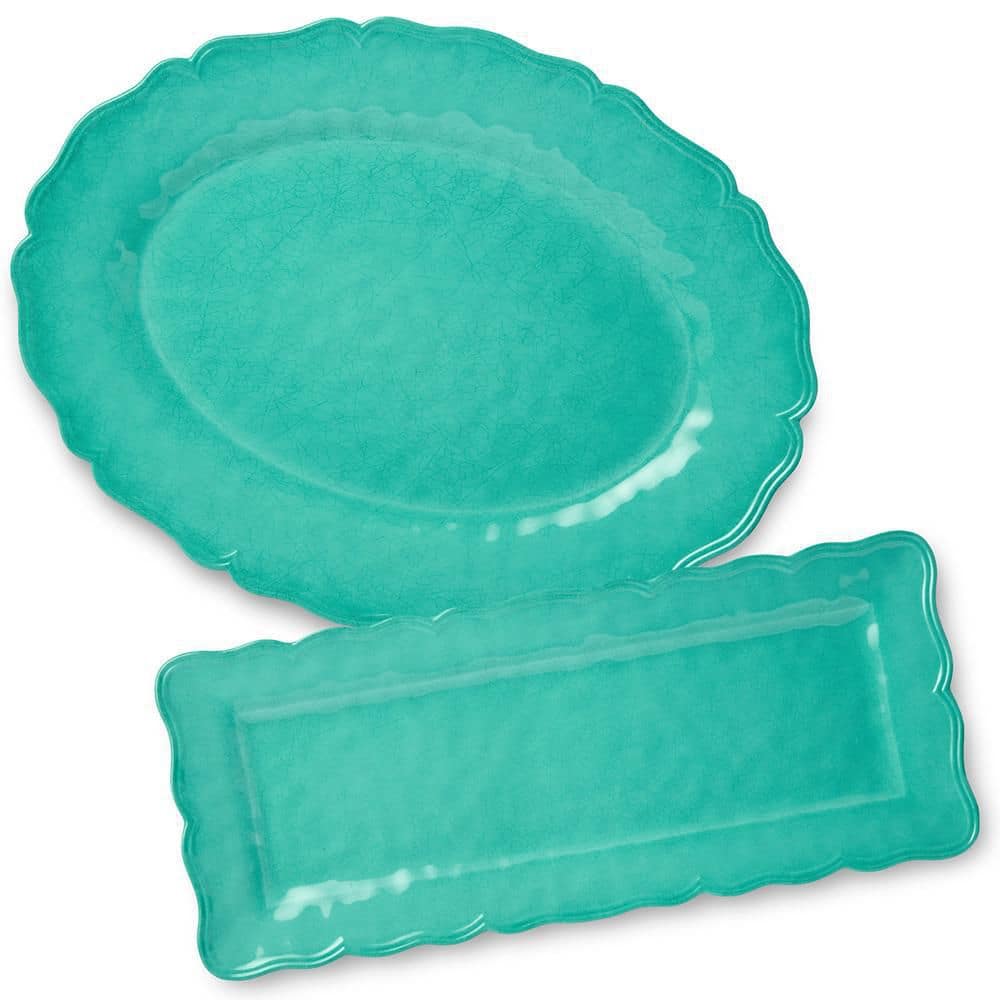 Isabella 14 in. Teal Melamine 2-Piece Platter Set - Hercitys