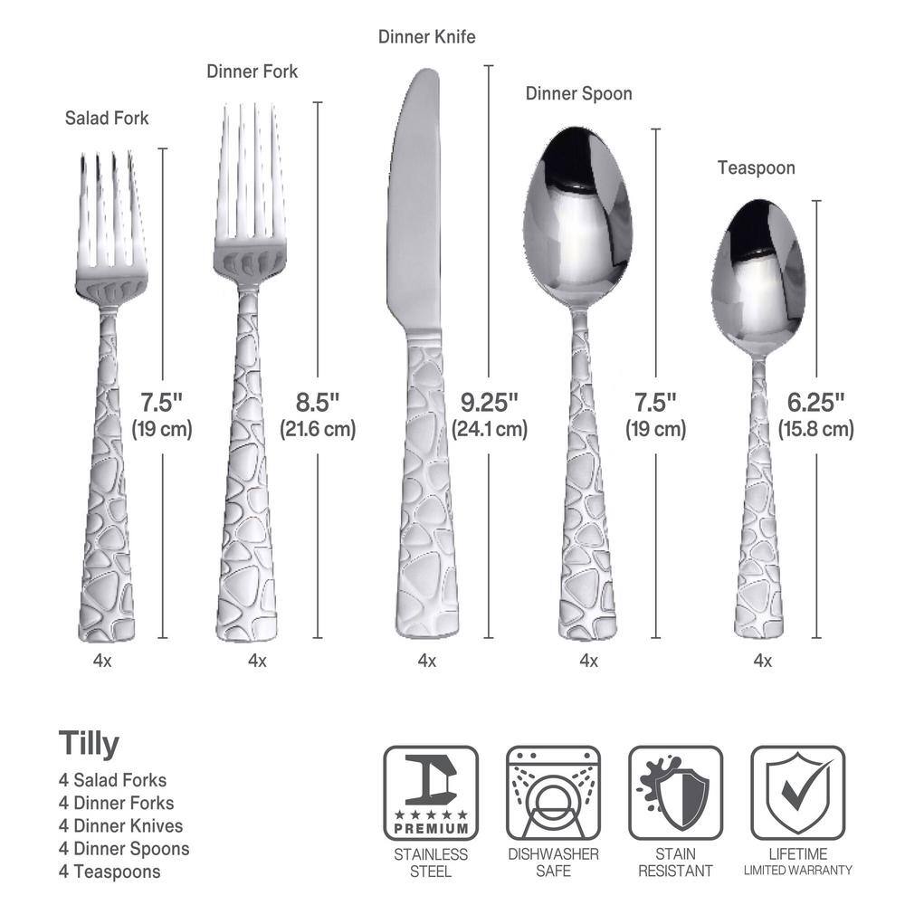 Tilly 20-pc Flatware Set. Service for 4, Stainless Steel, 18/0 - Hercitys