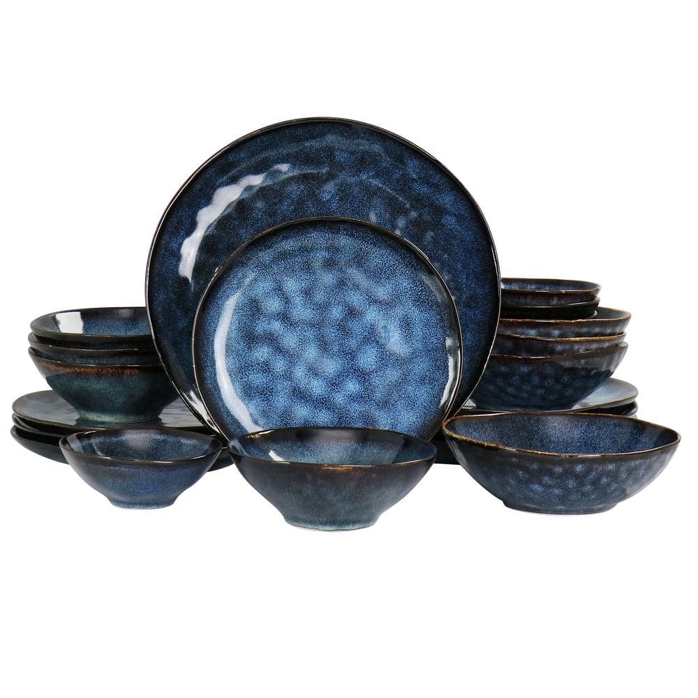 Lucca 20-Piece Blue Round Stoneware Triple Bowl Dinnerware Set - Hercitys