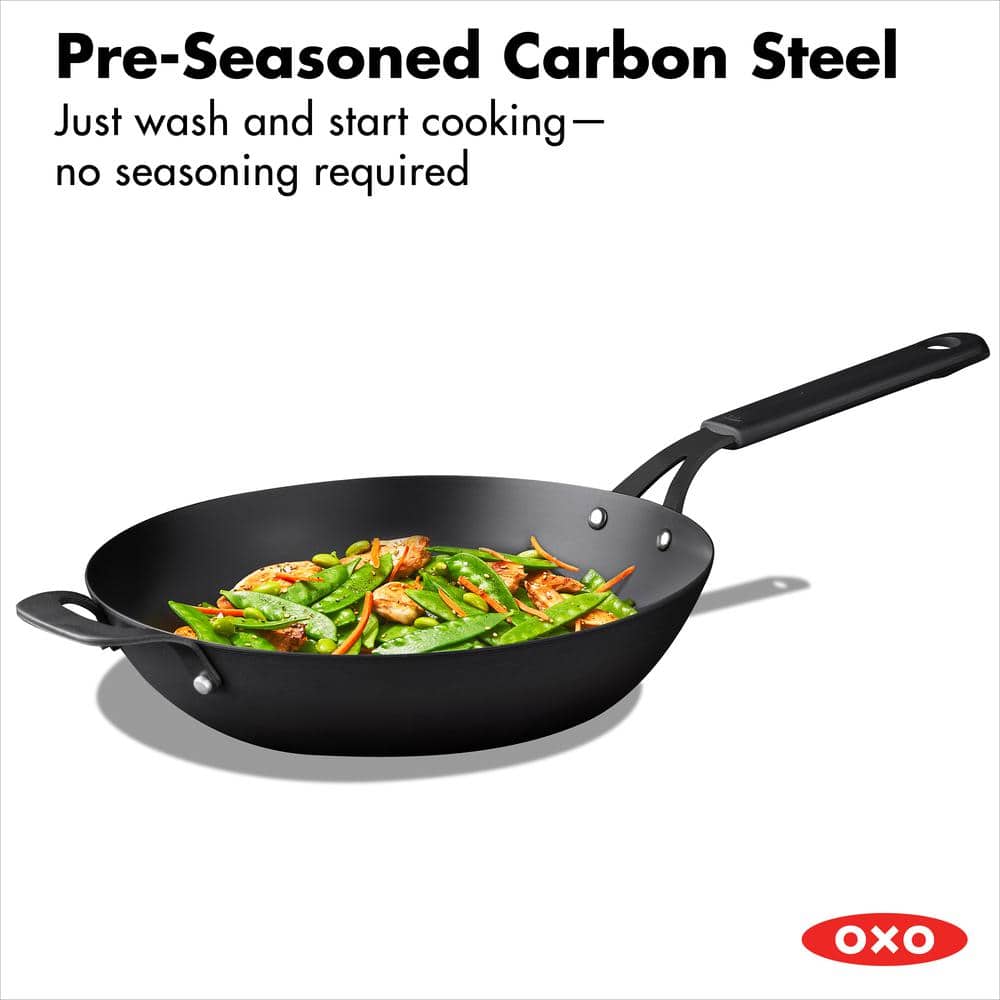 Obsidian 12 in. Pre-Seasoned Carbon Steel Induction Safe Wok with Silicone Sleeve and Helper Handle in Black - Hercitys