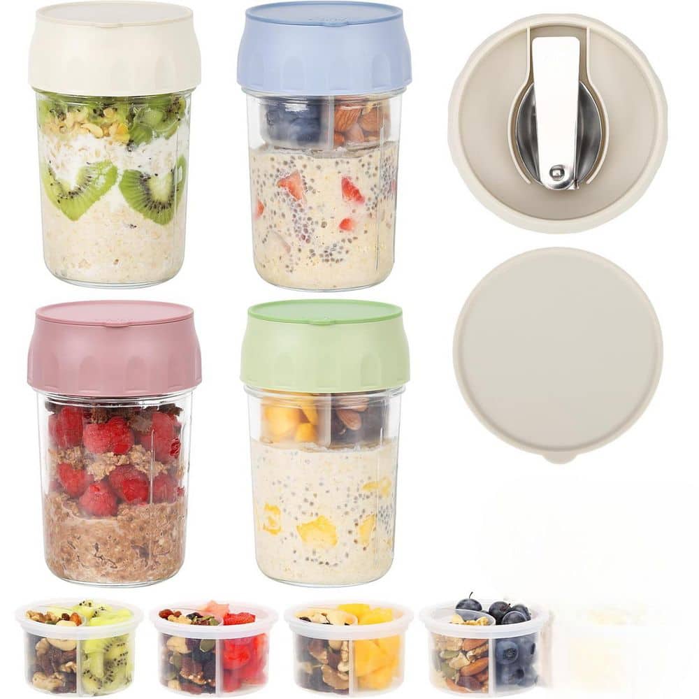 Overnight Oats Containers 4-Piece Set Divided Compartments with Lids Folding Spoons Small Glass 16oz Jars Food Storage - Hercitys