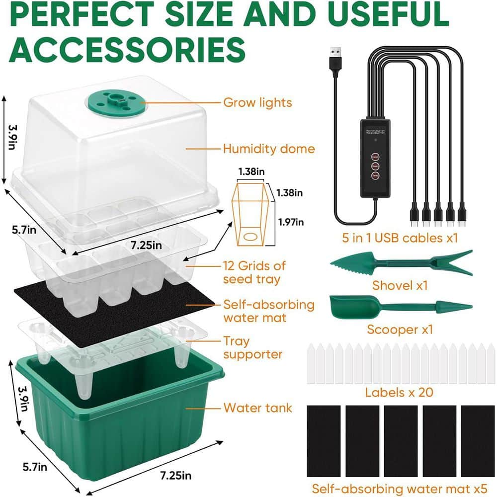Self-Watering Seed Starter Tray Kit with Grow Light and Humidity Dome 3 Color Light 5-Pack 60-Cell Germination Trays - Hercitys