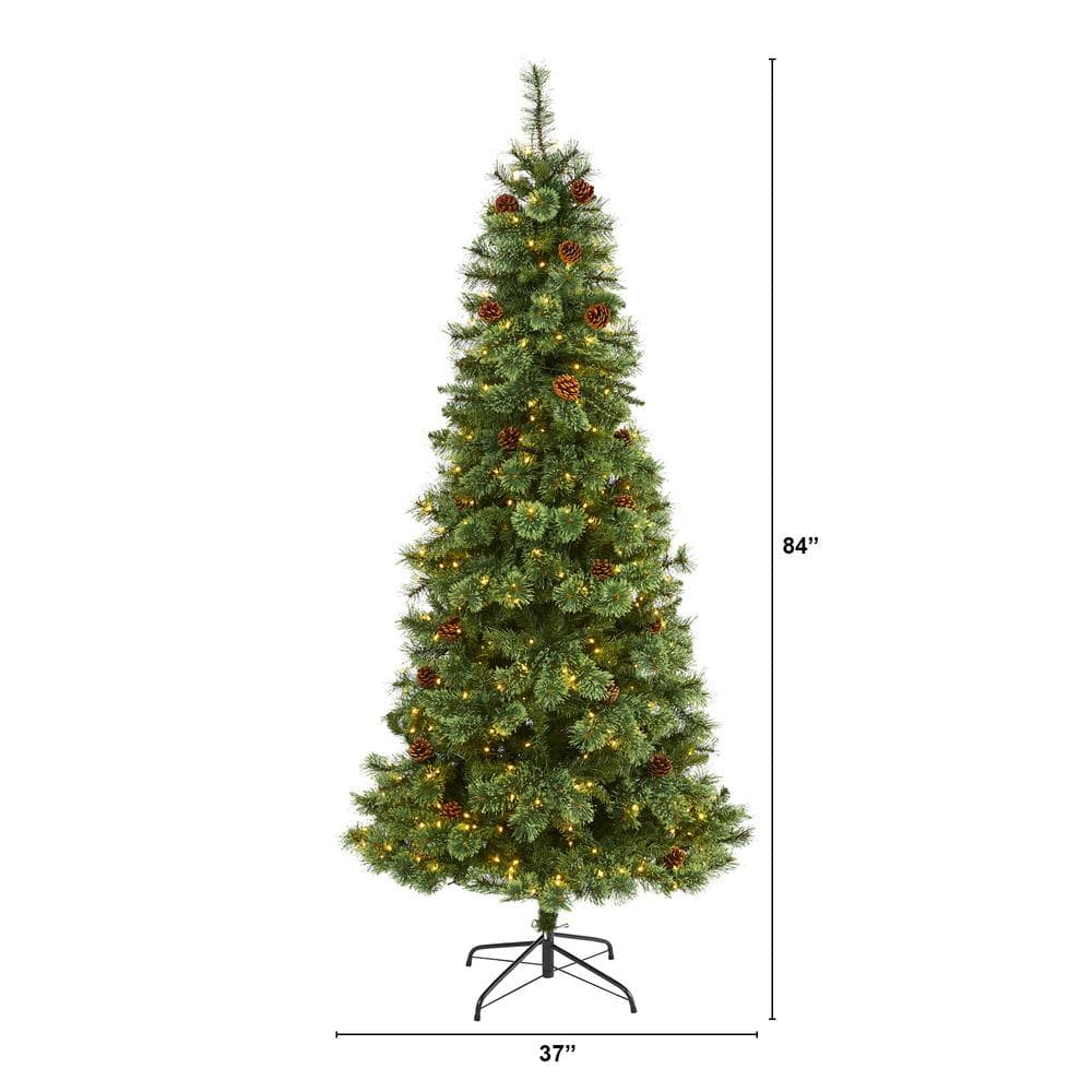 7 ft. Pre-Lit White Mountain Pine Artificial Christmas Tree with 400 Clear LED Lights and Pine Cones - Hercitys
