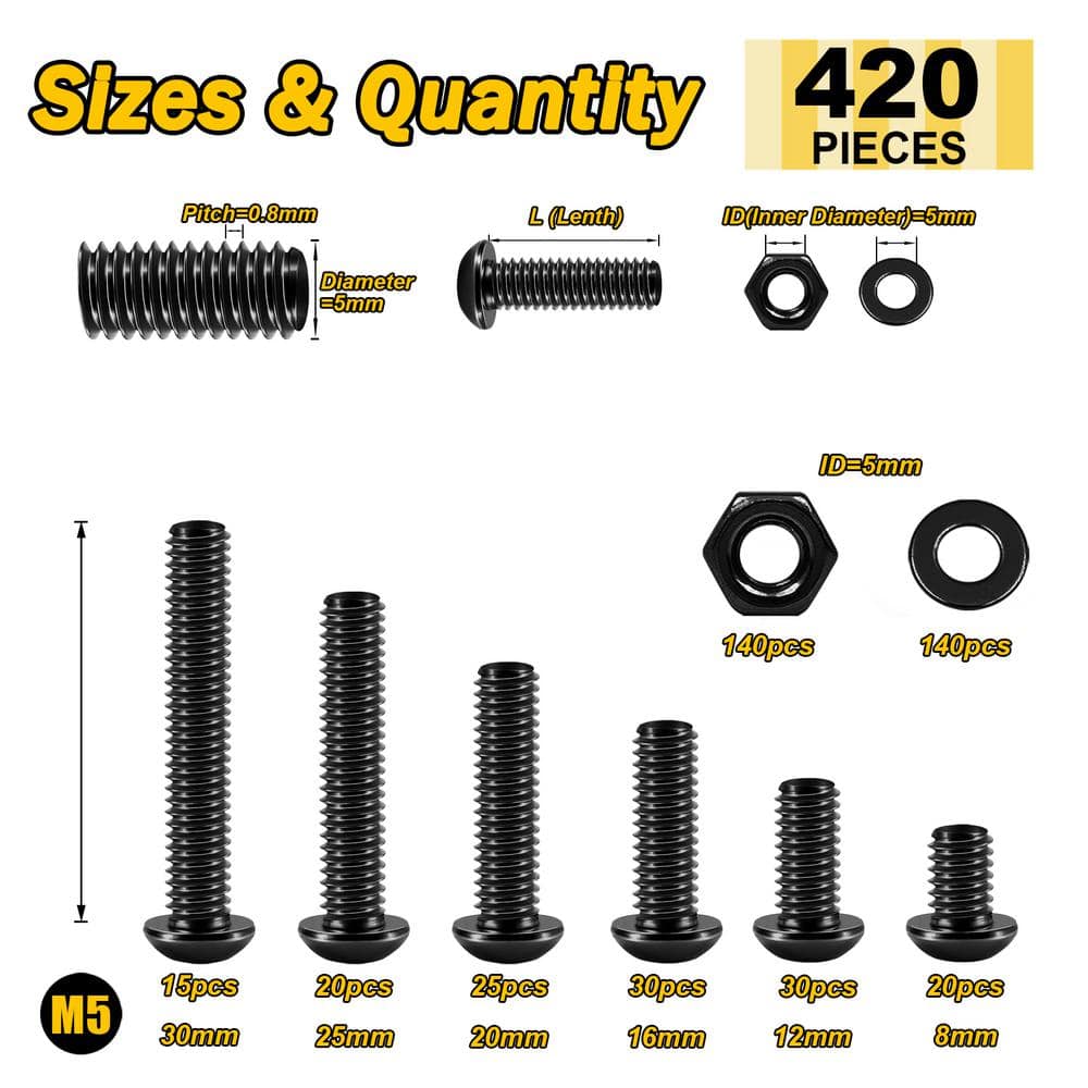 Carbon Steel M5 x 8/12/16/20/25/30mm Button Head Assorted Screw Kit with Hex Spanner (420-Pack) - Hercitys