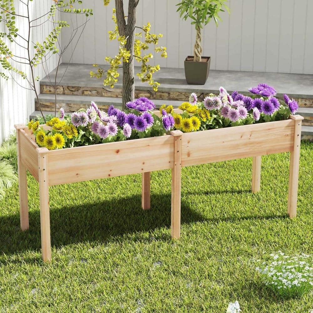 Beige Wood Outdoor Raised Garden Bed with Legs 73 in. x 23 in. x 30 in. Planter Box with Divider Panel (1-Pack) - Hercitys