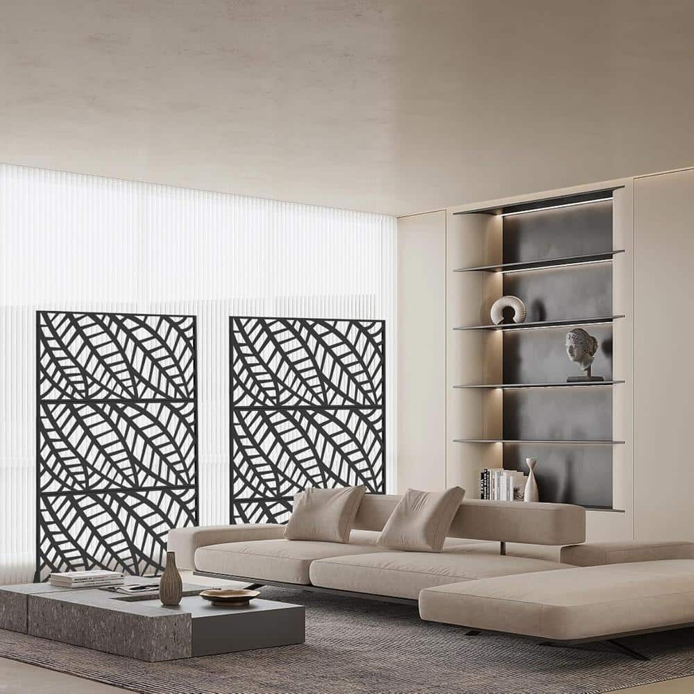 70 in. Metal Outdoor Patio Screen Panels Decorative Fences Indoor Room Space Divider Privacy Screen, Leaf - Hercitys