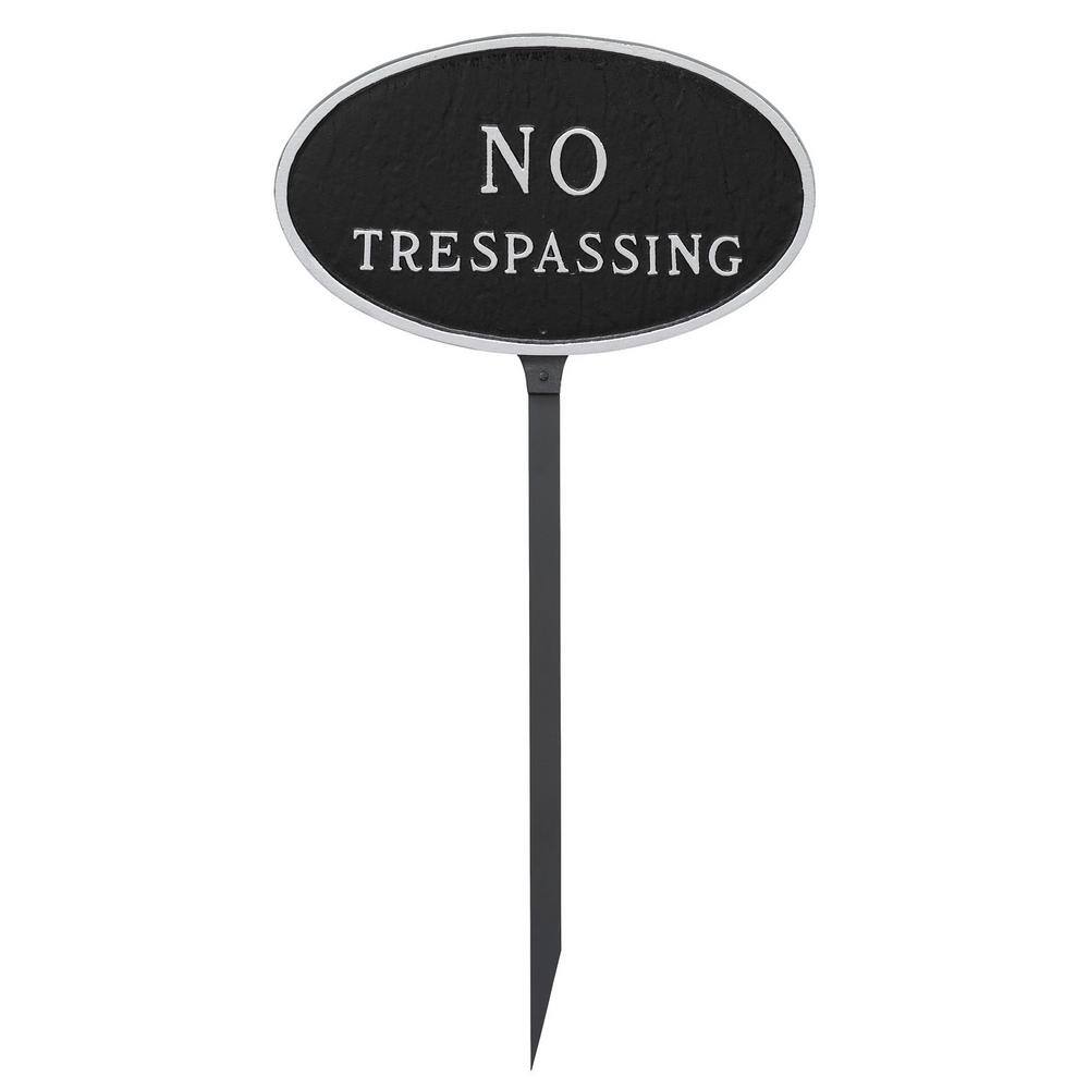 8.5 in. x 13 in. Standard Oval No Trespassing Statement Plaque Sign with 23 in. Lawn Stake, Black with Silver Lettering - Hercitys