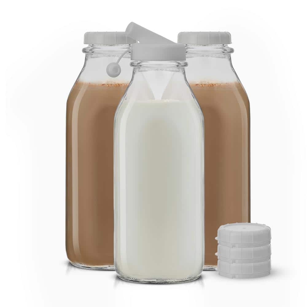 Reusable Glass 32 oz. Clear Milk Bottle with Lid and Pourer (3-Pack) - Hercitys