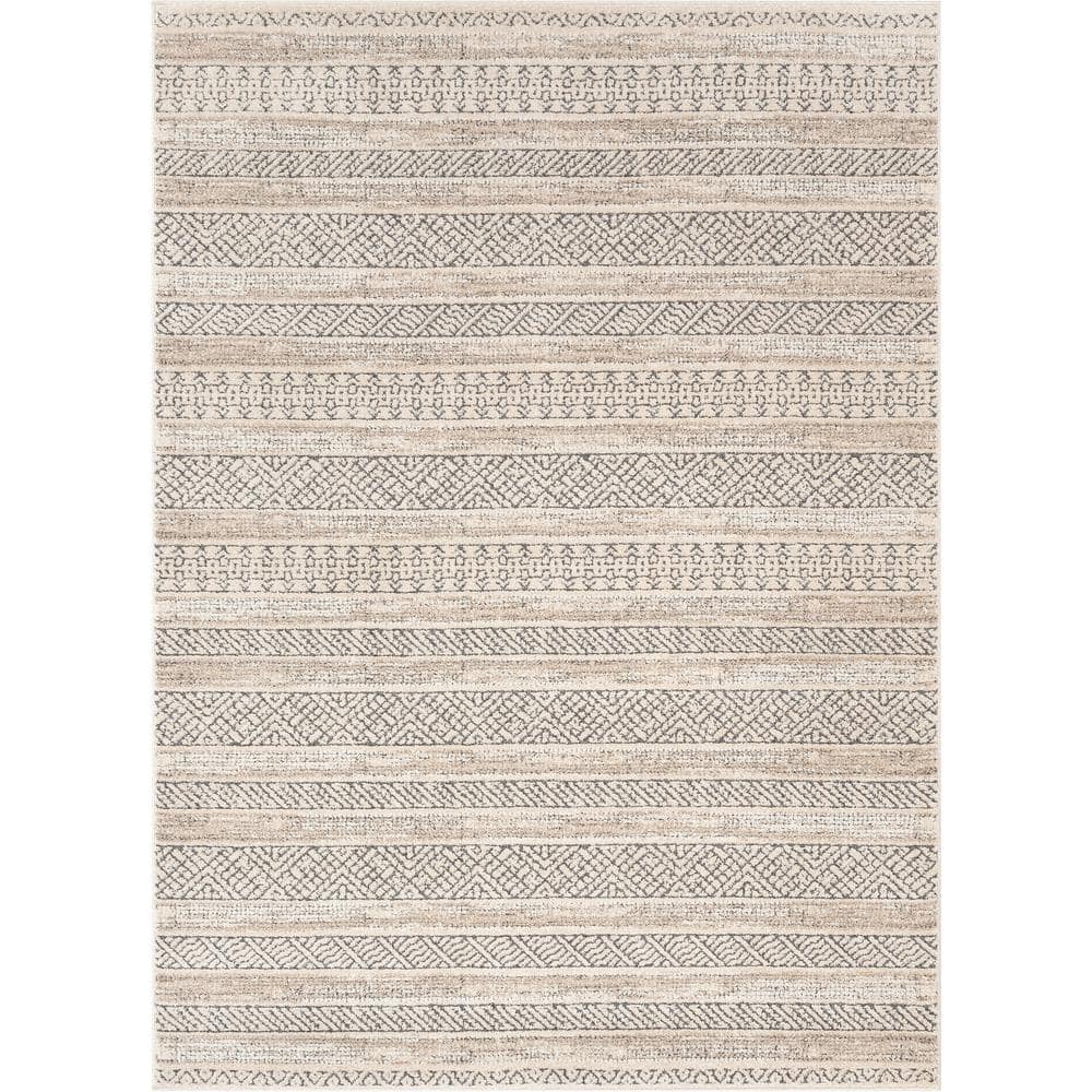 Malaga Fresco Tribal Geometric Beige 5 ft. 3 in. x 7 ft. 3 in. Distressed High-Low Area Rug - Hercitys