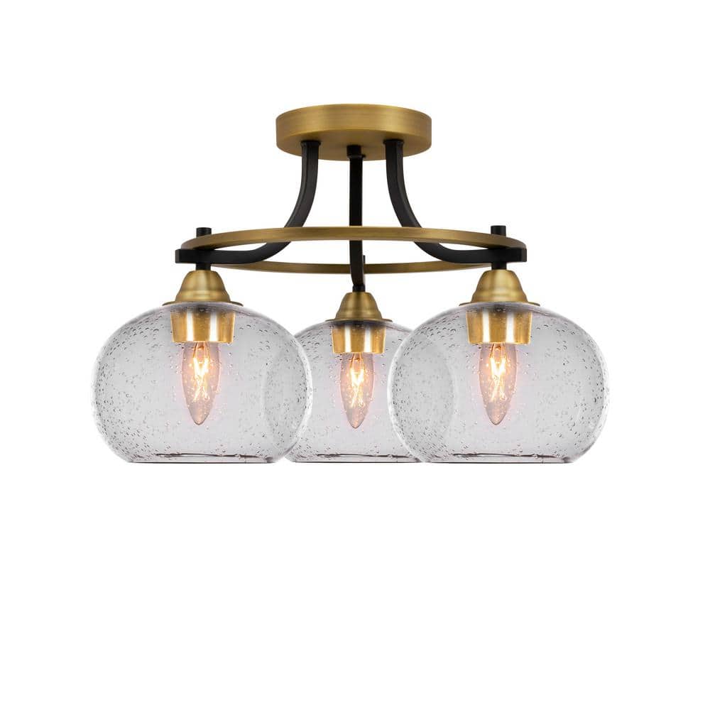Madison 16 in. 3-Light Matte Black and Brass Semi-Flush Mount with Clear Bubble Glass Shade - Hercitys