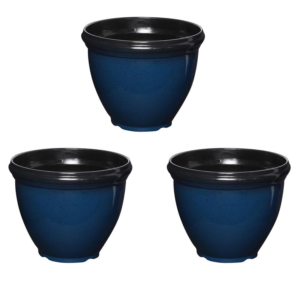 Heritage 12 in. L x 12 in. W x 9.61 in. H Monaco Blue Outdoor Resin Round Glossy Planter (3-Pack) - Hercitys