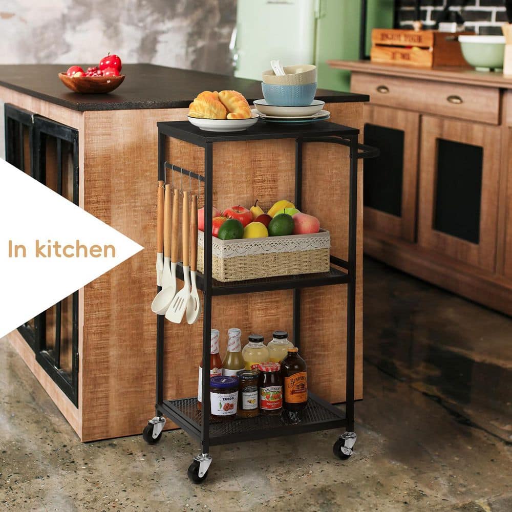 Stainless Steel Rolling 4-Wheeled Utility Kitchen Cart in Black - Hercitys