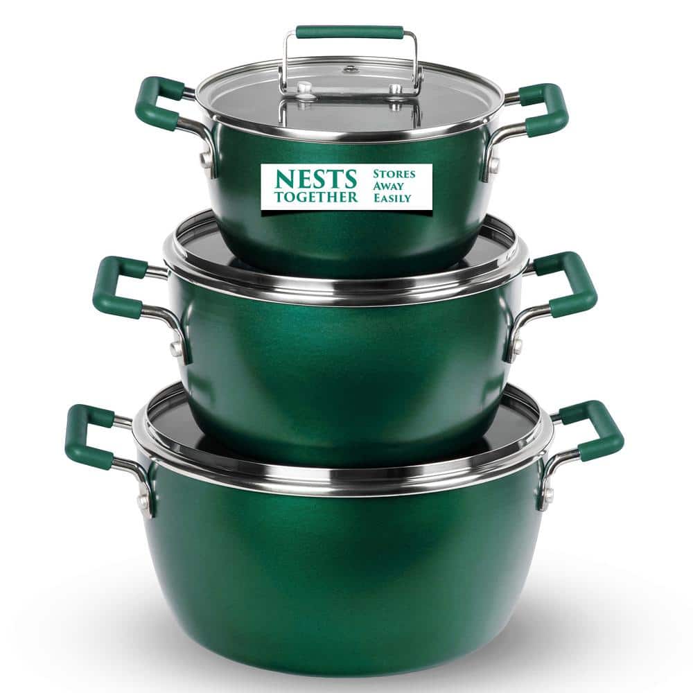 Emerald Green 6-Piece Aluminum Ultra-Durable Nonstick Diamond and Mineral Infused Coating Nesting Pots Set - Hercitys