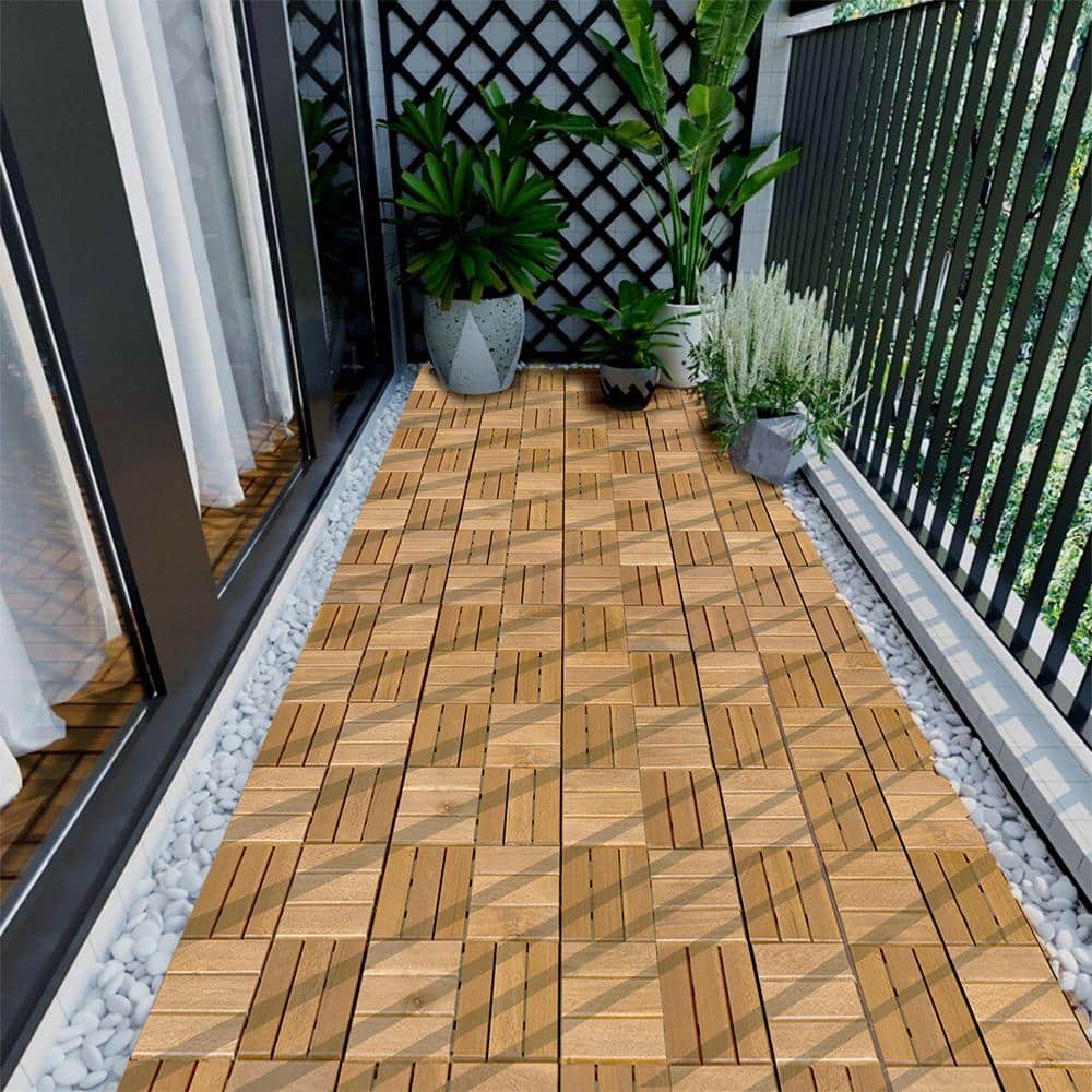 Natural Acacia Wood 3/4 in. T x 12 in. W Solid Hardwood Flooring Interlocking Deck Tiles-Checker Pattern(10 sq.ft./case) - Hercitys