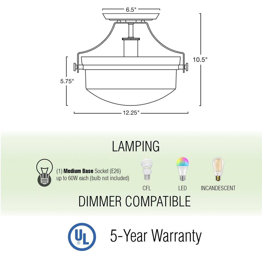 Zurich 12.25 in 60-Watt 1-Light Warm Brass Modern Semi-Flush with Clear Shade, No Bulb Included - Hercitys