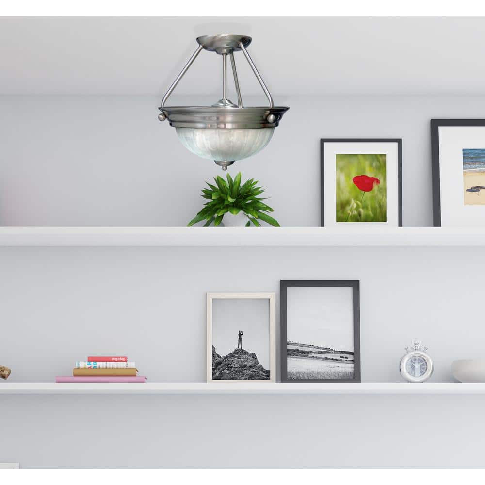 Marti 2-Light Indoor Brushed Nickel Semi-Flush Mount Ceiling Fixture with Alabaster Melon Glass Bowl - Hercitys