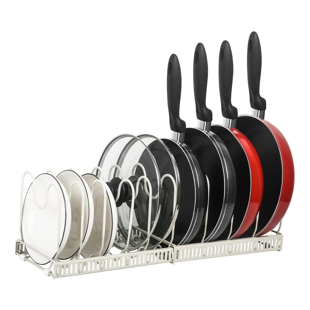 Iron Standing Expandable Pot Rack and Pan Organizer for Cabinet, 10 Adjustable Compartments in White - Hercitys