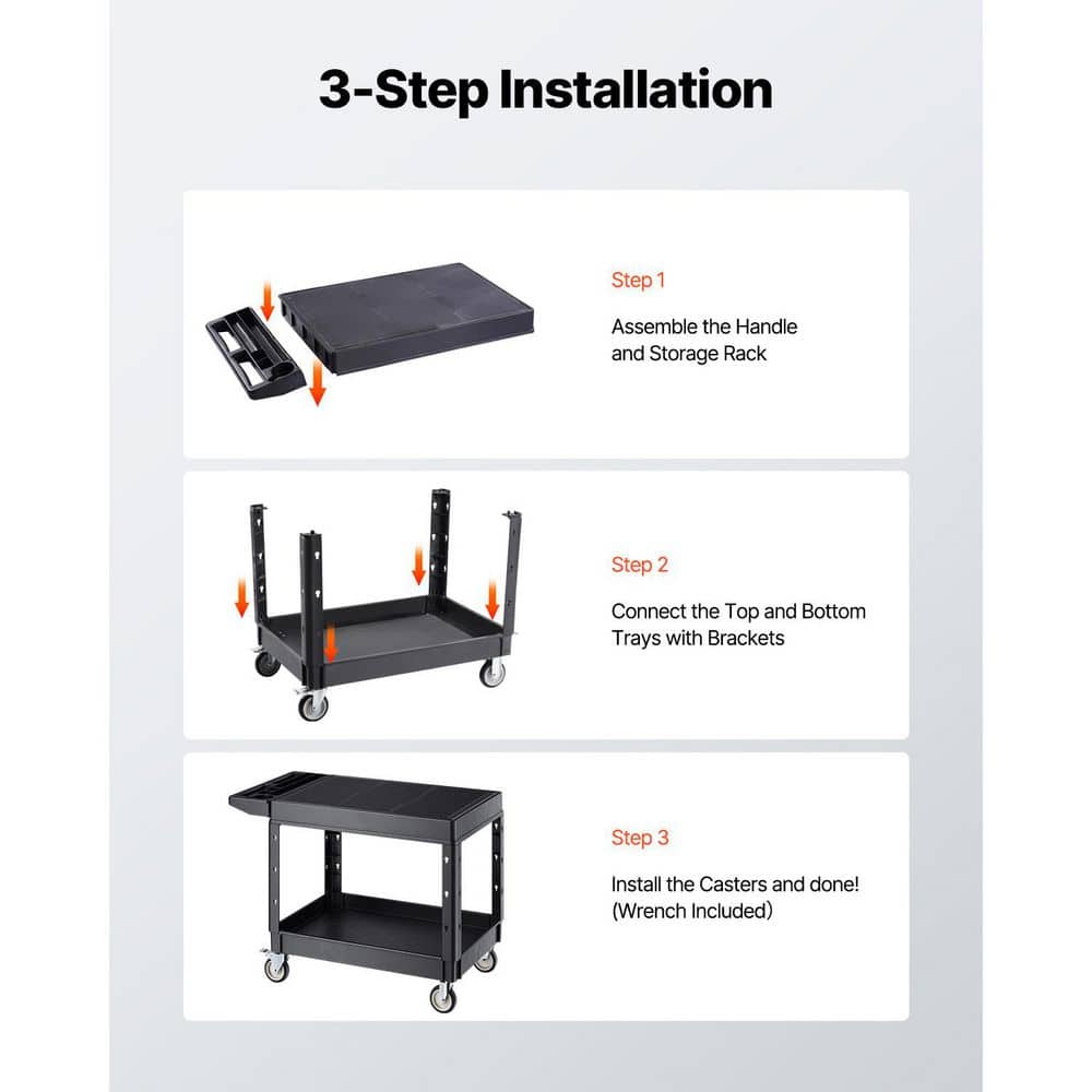 Utility Cart, 550 lbs. Load Capacity, 37 x 25.4 in. Service Cart, 2-Shelf Heavy Duty Plastic Utility Cart with Wheels - Hercitys