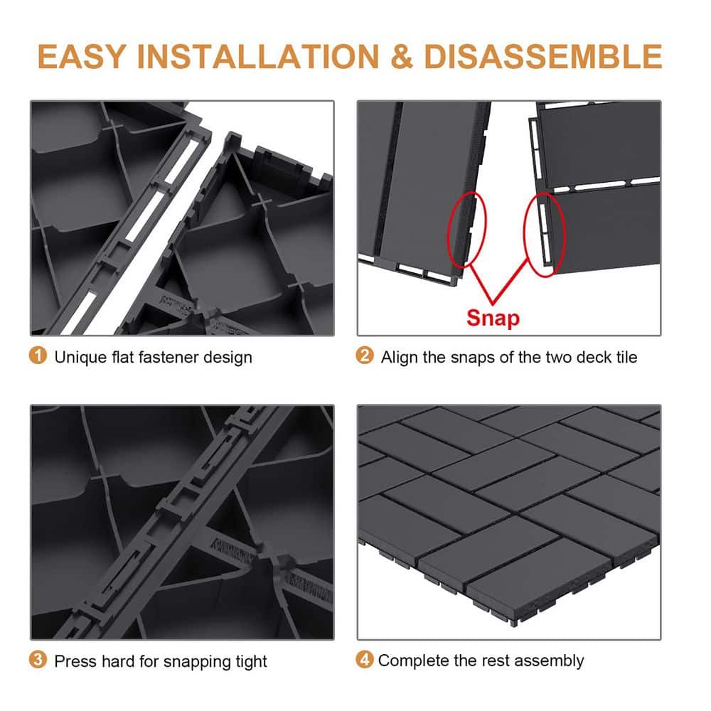 Dark Grey Plastic [12 in. x 12 in.] x [0. 75 in.] Deck Tiles, 9-Tiles/Case (9 sq. ft. ) - Hercitys