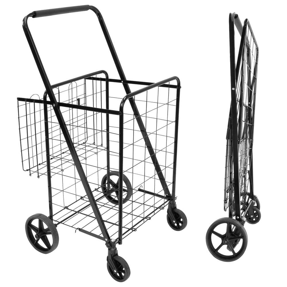 Steel 4-Wheel Rolling Utility Shopping Cart with Basket in Black - Hercitys