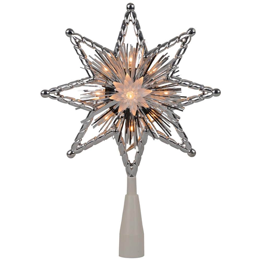 8 in. Retro Silver Tinsel 8-Point Star Christmas Tree Topper – Clear Lights - Hercitys