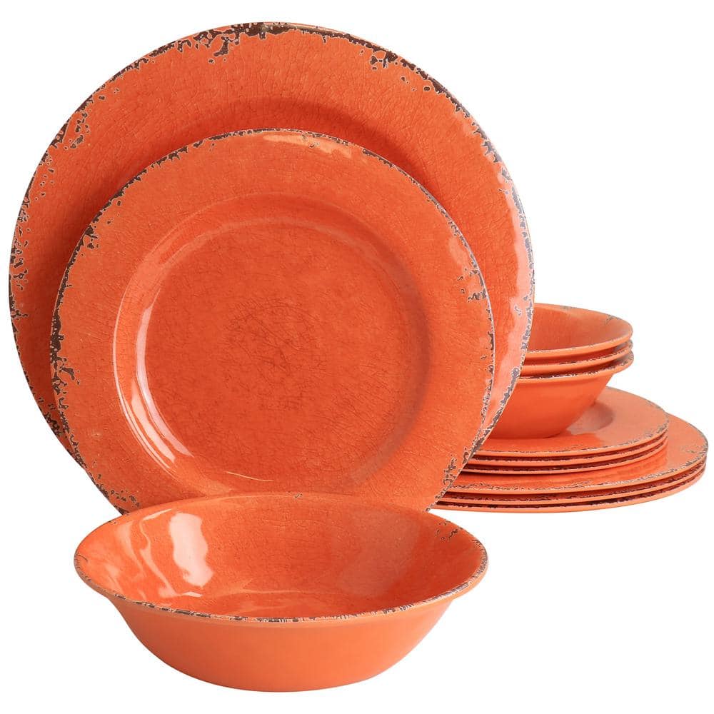 California Designs Mauna 12-Piece Melamine Dinnerware Set in Crackle Orange - Hercitys