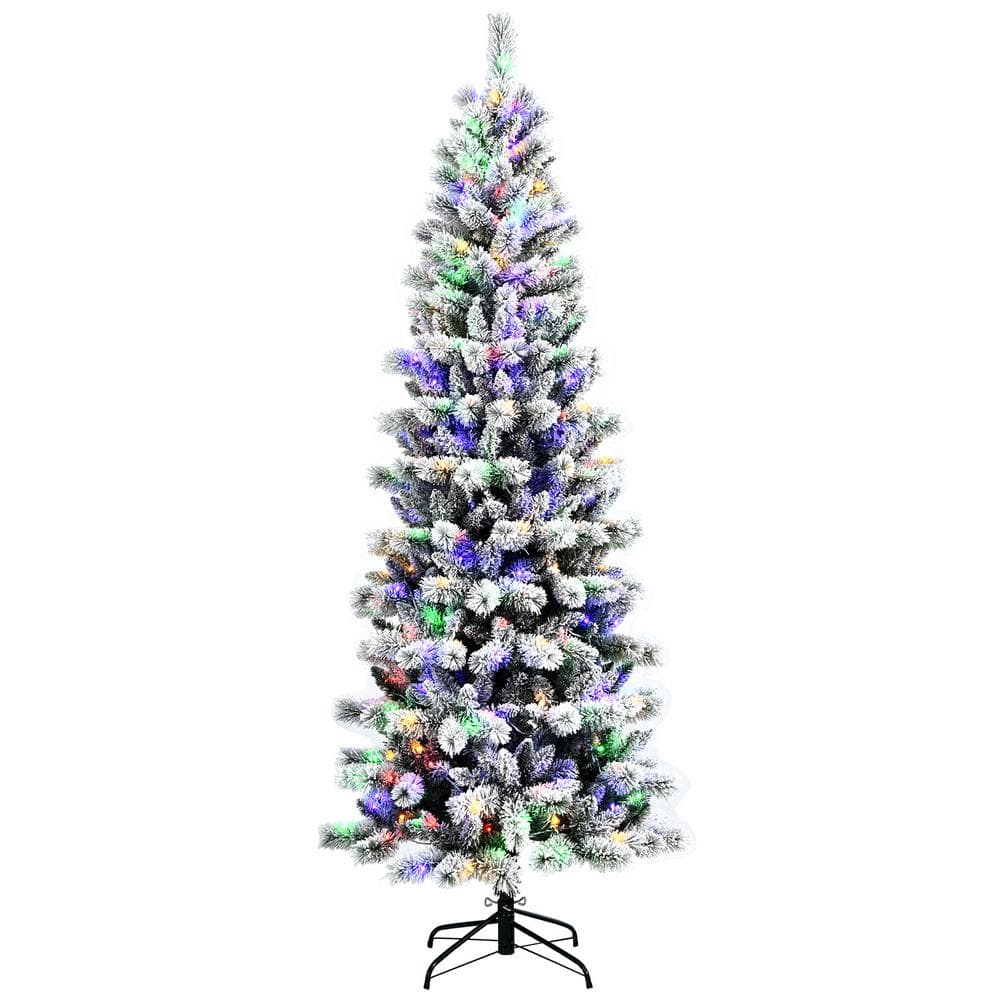 7.5 ft. Pre-lit Snow Flocked Artificial Christmas Tree with Multi-Color LED Lights - Hercitys