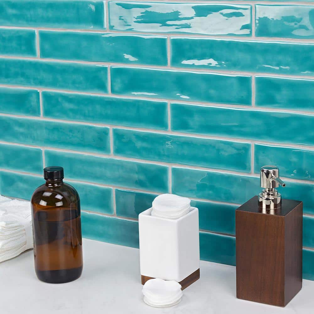 Newport Turquoise 2 in. x 10 in. x 11mm Polished Ceramic Subway Wall Tile (40 pieces / 5.38 sq. ft. / box) - Hercitys