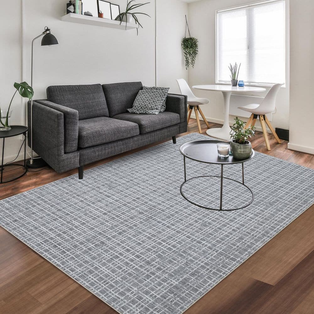 Modern Gray, 5 ft. x 7 ft. Geometric Indoor Non-Slip Carpet Machine Washable Carpet Low Pile Foldable Carpet Area Rug - Hercitys