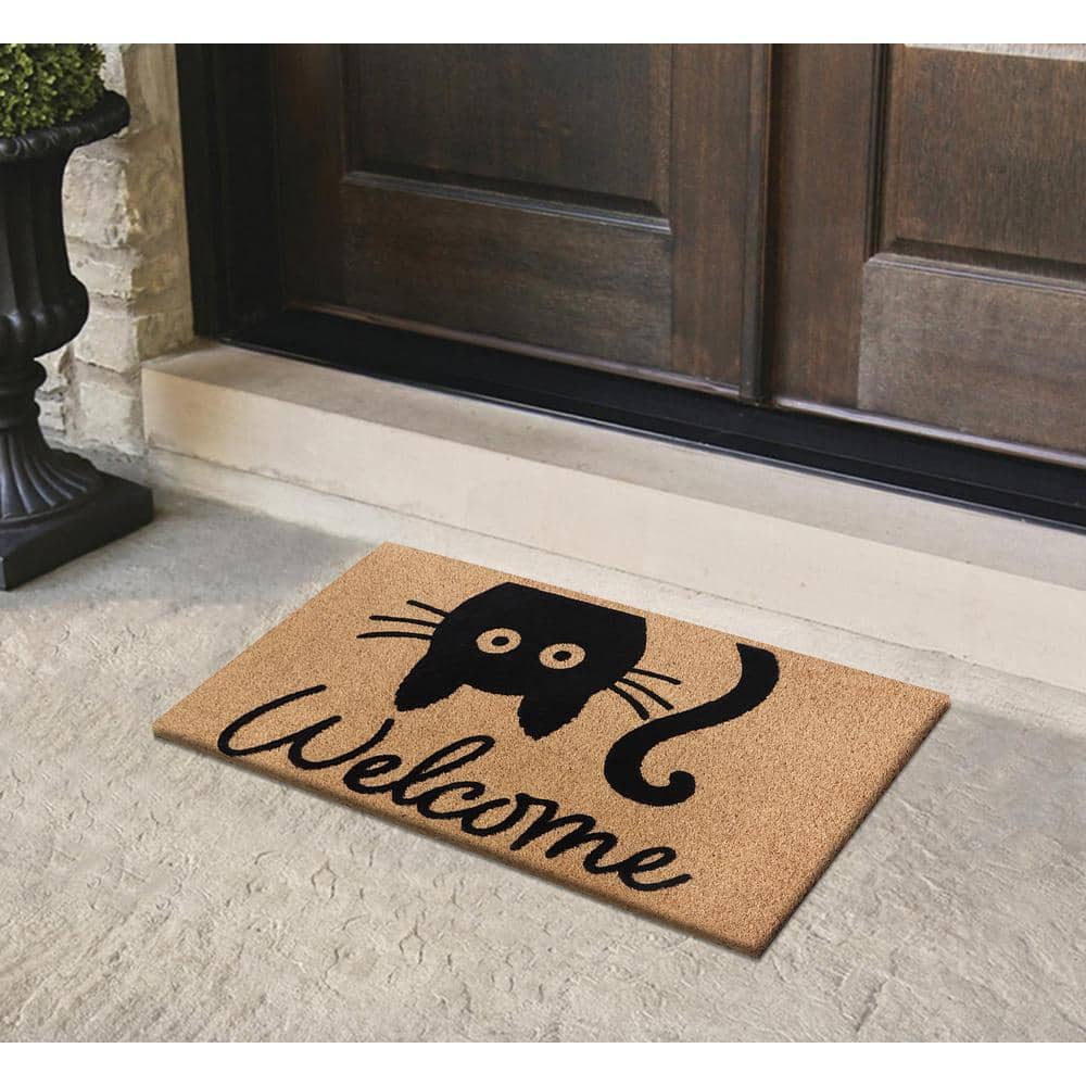 A1HC Cat Welcome 24 in. x 36 in. Natural Coir Heavy Duty Non Slip PVC Backing Outdoor Welcome Mat - Hercitys
