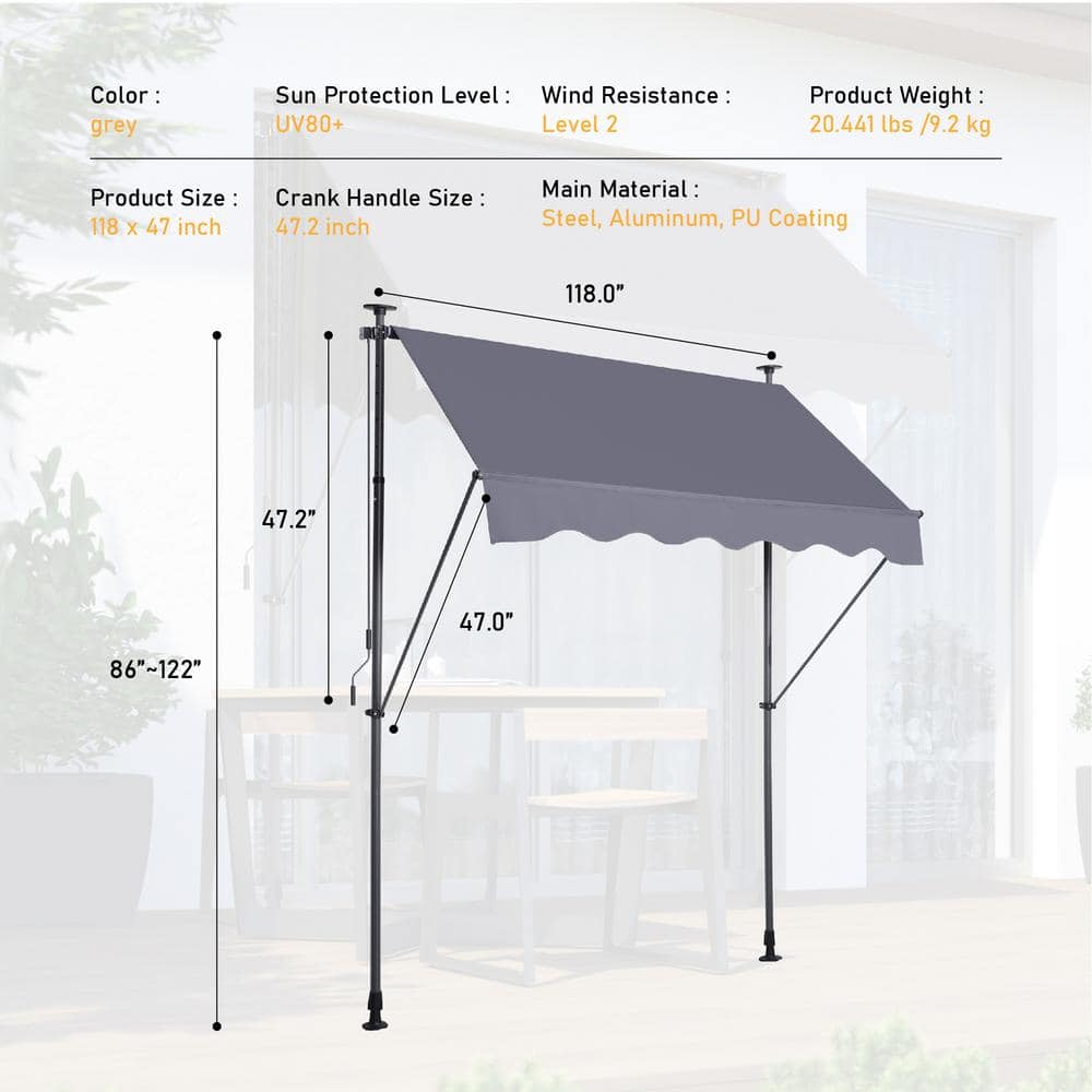 9.8 ft. x 3.9 ft. Non-screw Awning Outdoor Sunshade Cover Manual Retractable, Window Awning Canopy with UV Protection - Hercitys