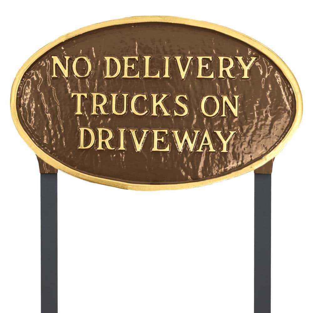 No Delivery Trucks on Driveway Standard Oval Statement Plaque with 17.5 in. Lawn Stakes-Oil Rubbed/Gold - Hercitys