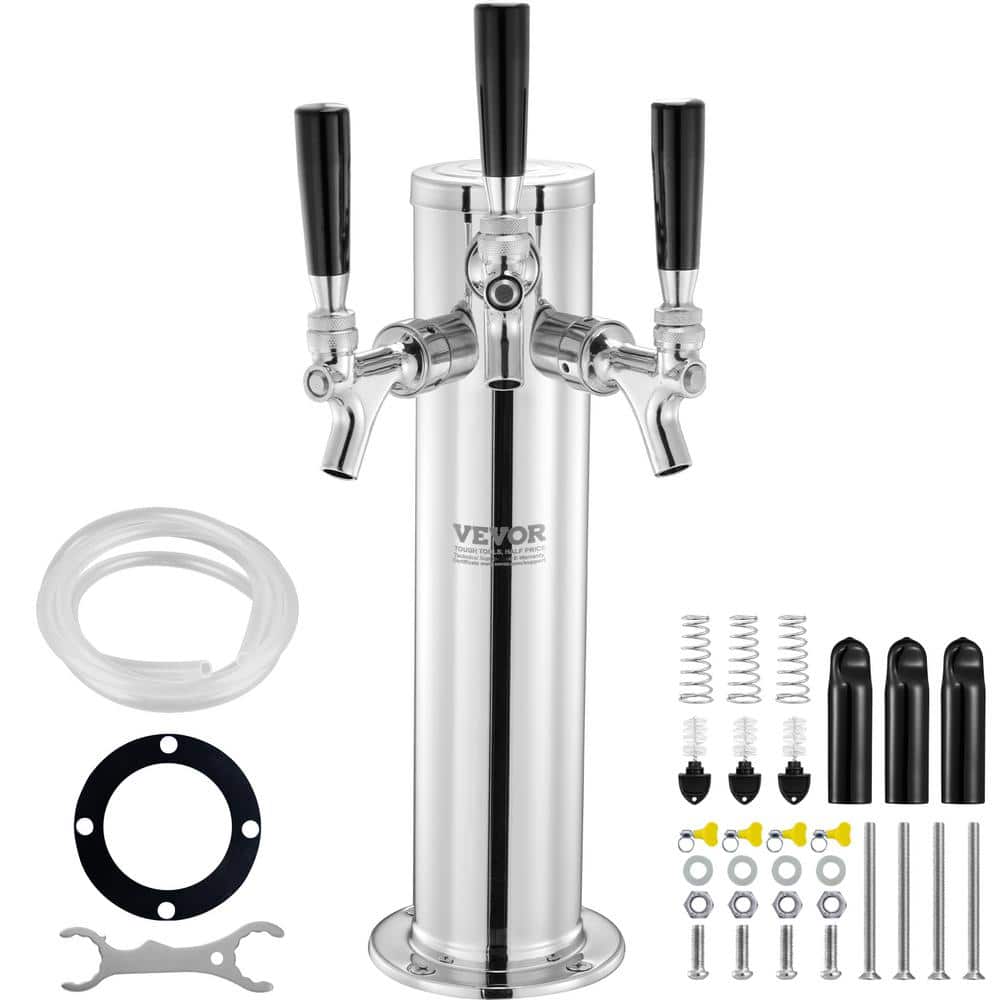 Triple Taps Draft Beer Tower Dispenser Silver Stainless Steel Keg Beer Tower Kegerator Tower Kit - Hercitys