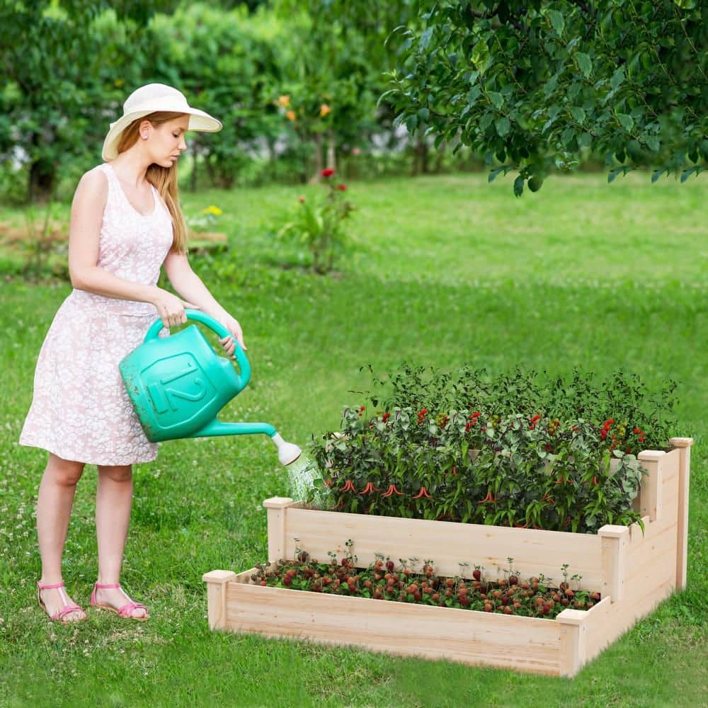 Natural Fir Wood Rectangular Outdoor 3-tier Raised Garden Bed, Tiered Garden Box with Open-Ended Base - Hercitys