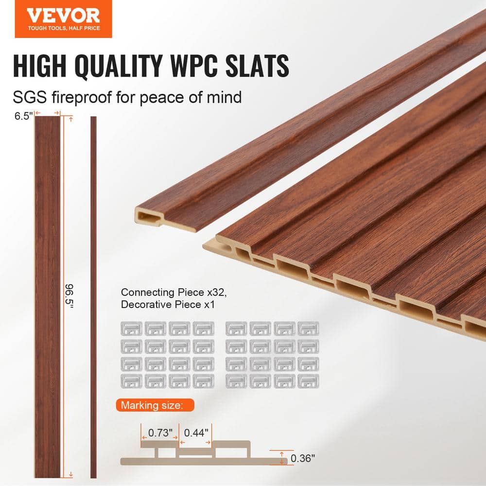Wood Slat Acoustic Panels 0.35 in. H x 6.54 in. W Slatwall Panels in Black Walnut 8-Packs WPC Accent Wooden Wall Panels - Hercitys
