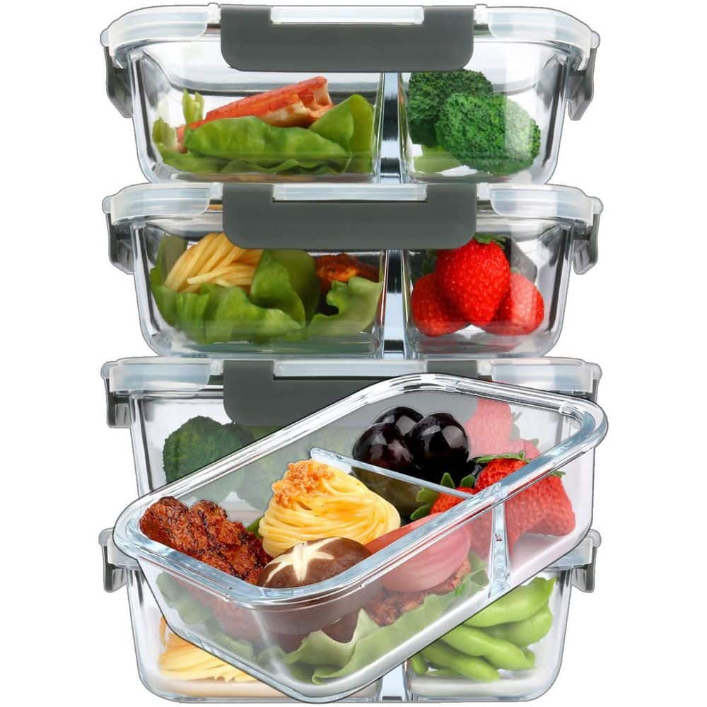 Glass Meal Prep Containers [5-Pack] 2-Compartments Portion Control with Snap Locking Lids Microwave Oven Food Storage - Hercitys
