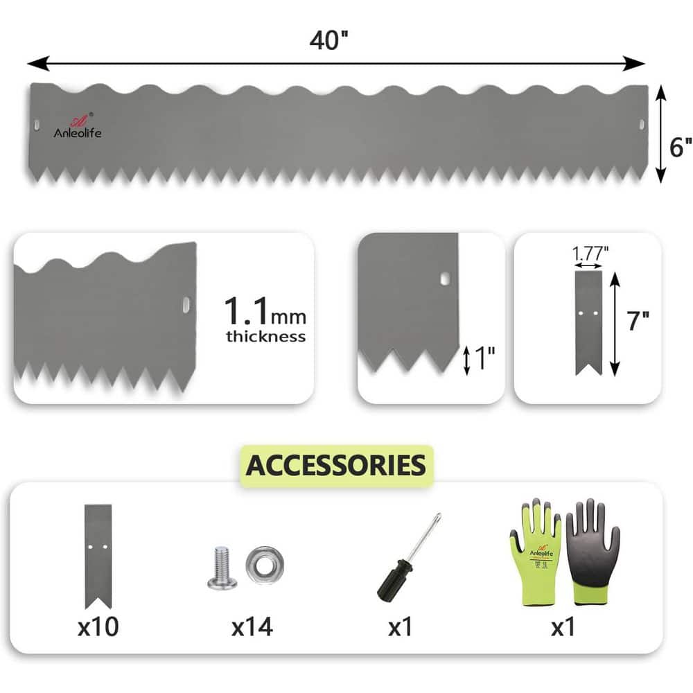 6-Pack 40 in. L x 6 in. H Quartz Grey Steel Garden Landscape Edging, Lawn Border with Gloves and 10 Stakes(Wavy Edge) - Hercitys