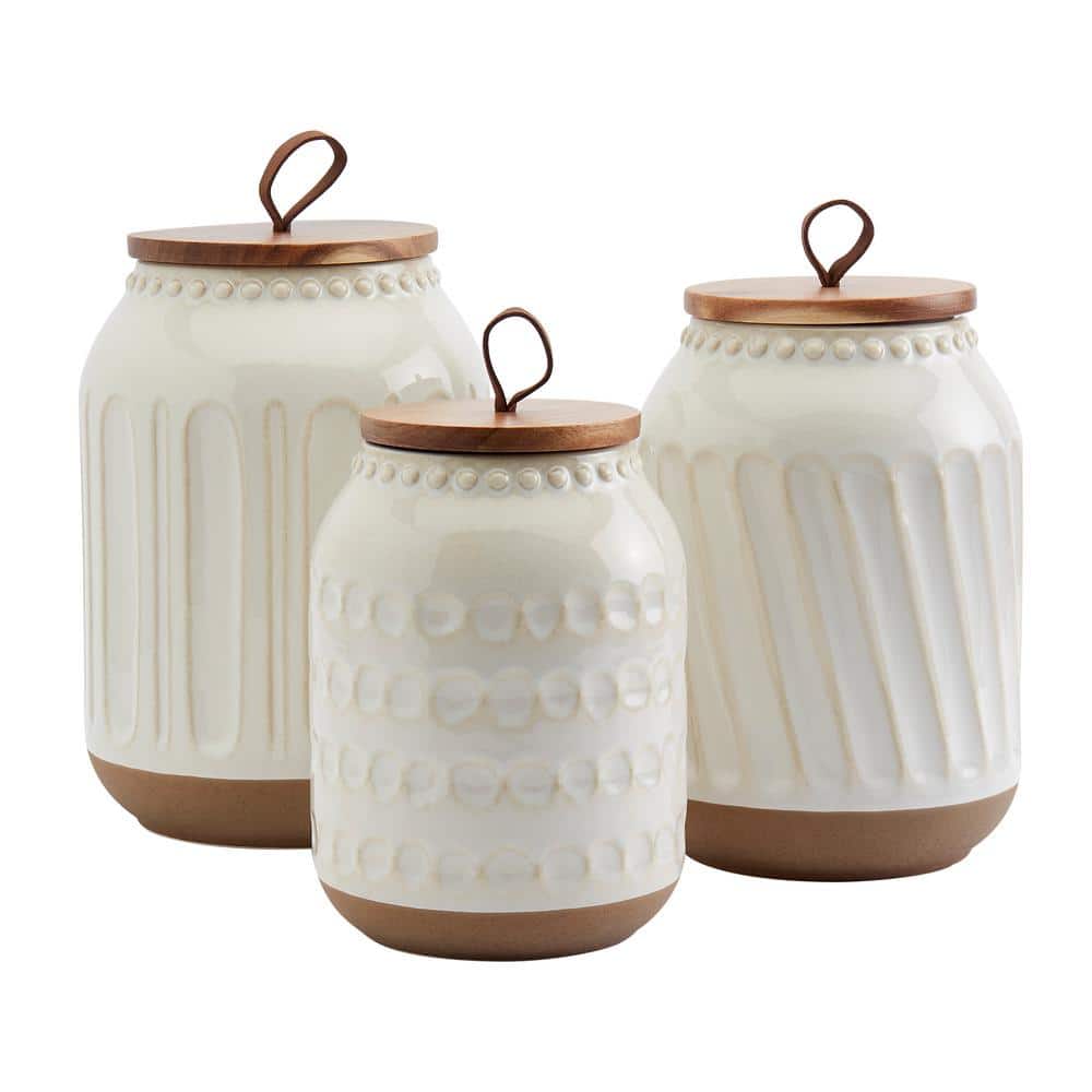 Ziggy 3-Piece Ceramic Canister Set with Acacia Wood Lids - Hercitys