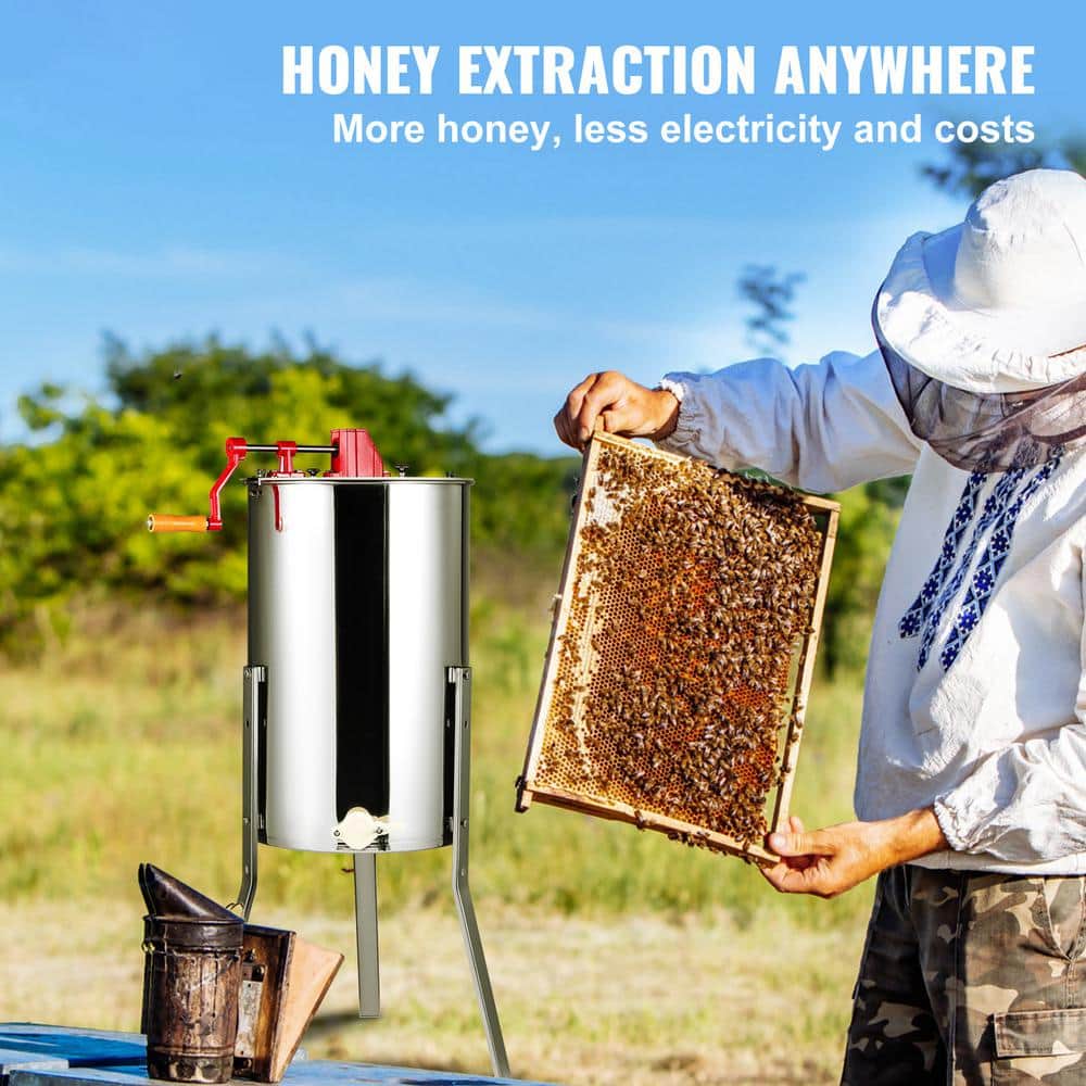 Manual Honey Extractor, 2/4-Frame Stainless Steel Spinner, Beekeeping Honeycomb Drum with Adjustable Stand and Lid - Hercitys