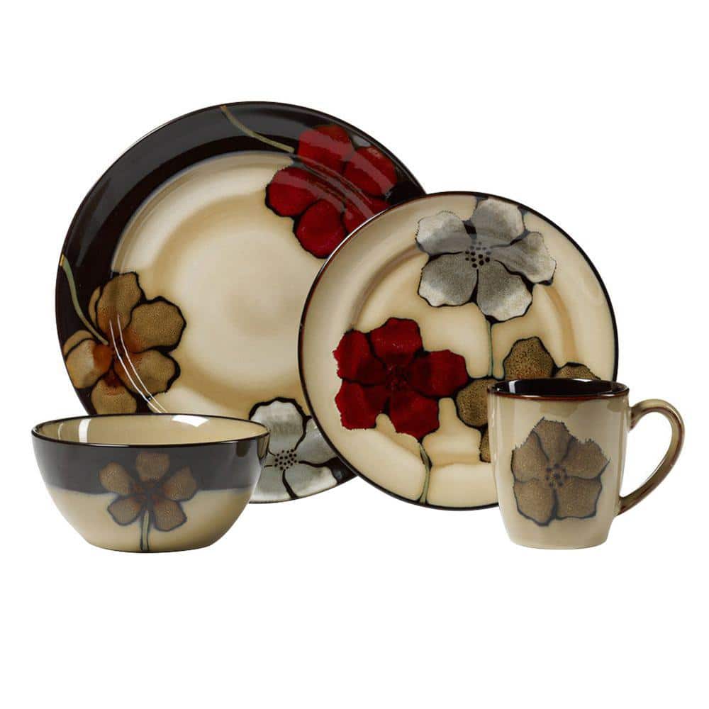 Painted Poppies 16-Piece Casual Assorted Stoneware Dinnerware Set (Set for 4) - Hercitys