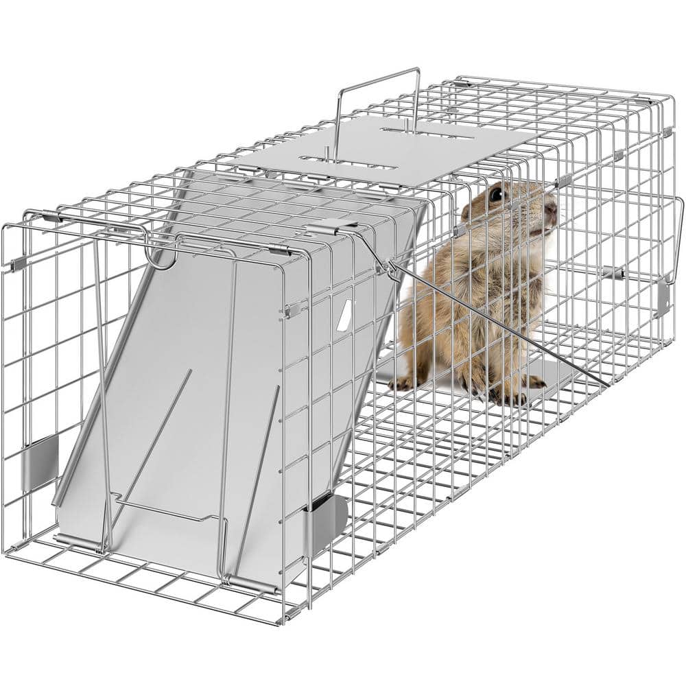 Live Animal Cage Trap 24 in. x 8 in. x 8 in. Humane Cat Trap Galvanized Iron Folding Animal Trap with Handle - Hercitys