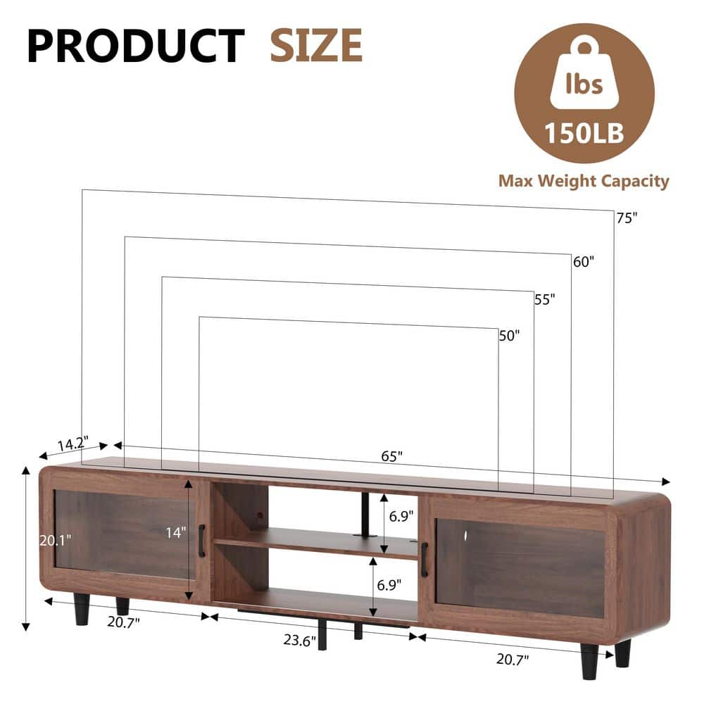 Walnut TV Stand: Fits 55-70 in. TVs, with Power Outlets, Sliding Doors and Open Shelf for Living Room - Hercitys