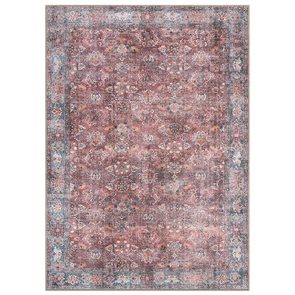Amber Multi 5 ft. x 7 ft. Transitional Bordered Vintage Machine Washable Non Slip Area Rug - Hercitys