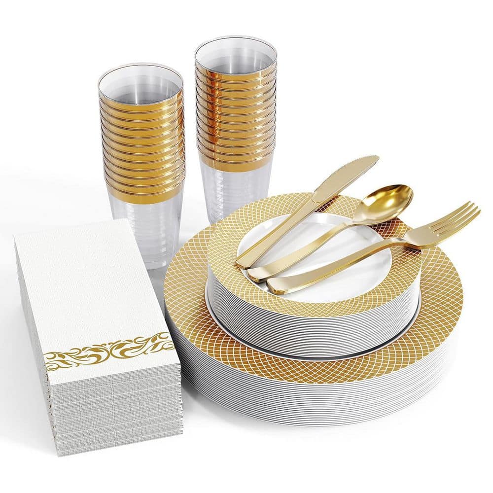 Gold Disposable Plastic Dinnerware Set for 25-Guests (175-Pieces) - Hercitys