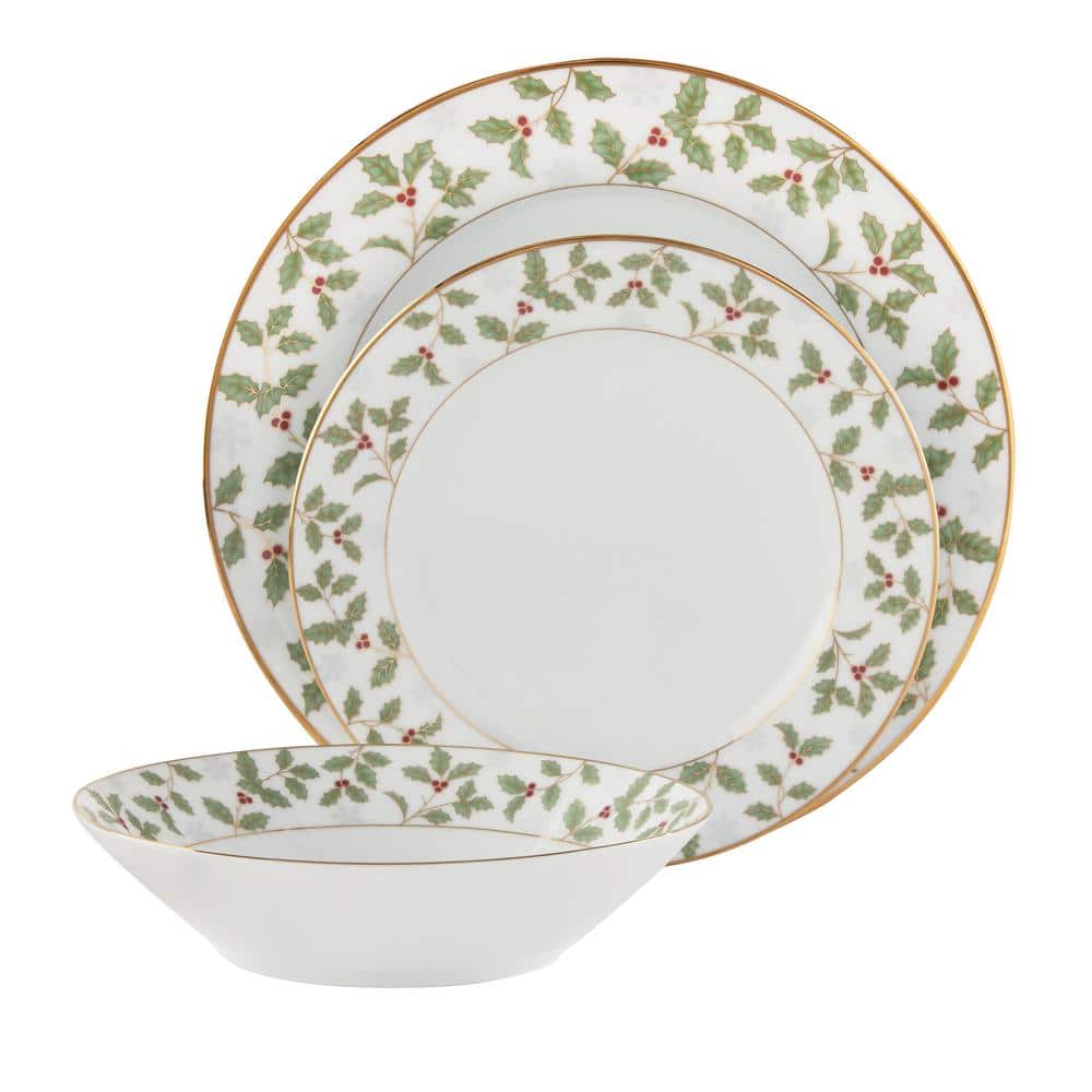 Holly and Berry Gold 12-Piece (White) Porcelain Dinnerware Set, Service for 4 - Hercitys