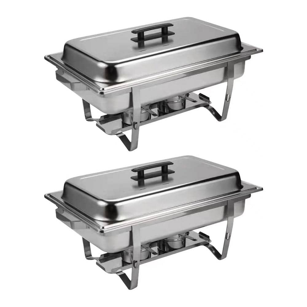 8 qt. Silver Stainless Steel Buffet Chafer Dish Set with 2 Full Size Pans Rectangle Catering Warmer Server - Hercitys