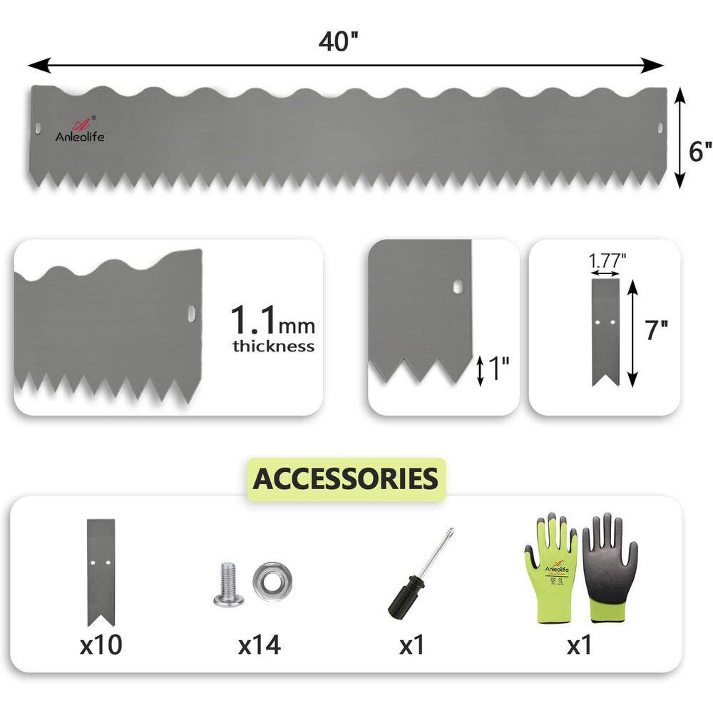 6-Pack 40 in. L x 6 in. H Quartz Grey Steel Garden Landscape Edging, Bendable Lawn Border with Gloves and 10 Stakes - Hercitys