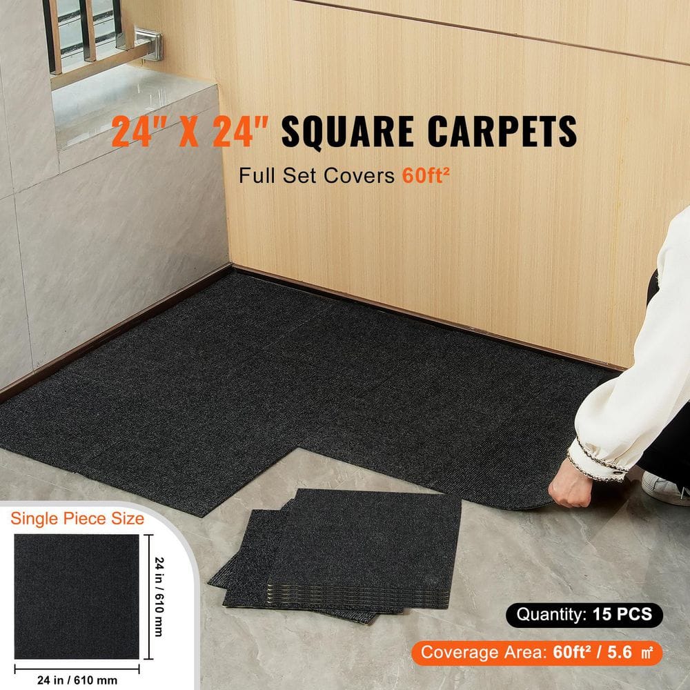 Black 24 in. x 24 in. in Peel and Stick Carpet Tiles Squares 60 sq. ft. Self Adhesive Carpet Floor Tile 15 Tiles﻿ - Hercitys