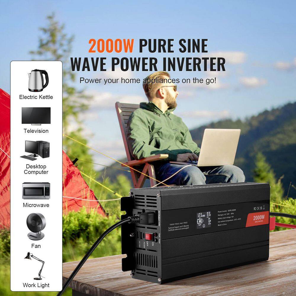 Pure Sine Wave Inverter 2000 Watt, DC 12-VOLT to AC 110V Power Inverter with 2 AC Outlets 2 USB Port 1 Type-C Port - Hercitys